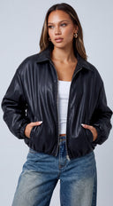 Brooklyn Faux Leather Puffer Bomber Jacket - Black