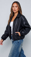 Brooklyn Faux Leather Puffer Bomber Jacket - Black