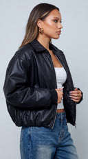 Brooklyn Faux Leather Puffer Bomber Jacket - Black