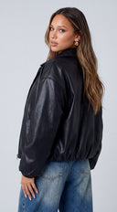 Brooklyn Faux Leather Puffer Bomber Jacket - Black