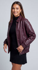 Montreal Faux Leather Bomber Jacket - Burgundy
