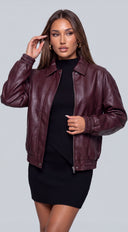 Montreal Faux Leather Bomber Jacket - Burgundy