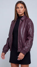 Montreal Faux Leather Bomber Jacket - Burgundy