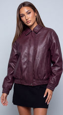 Montreal Faux Leather Bomber Jacket - Burgundy