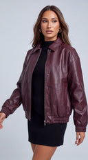 Montreal Faux Leather Bomber Jacket - Burgundy
