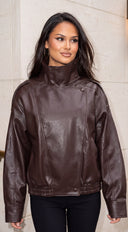 Dresden Faux Leather Moto Bomber Jacket - Brown