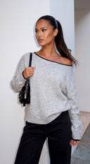 Avie Contrast Trim Oversized Off Shoulder Sweater - Gray