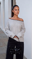 Avie Contrast Trim Oversized Off Shoulder Sweater - Gray