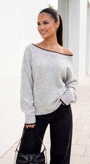 Avie Contrast Trim Oversized Off Shoulder Sweater - Gray