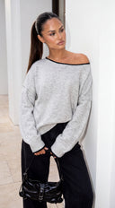 Avie Contrast Trim Oversized Off Shoulder Sweater - Gray