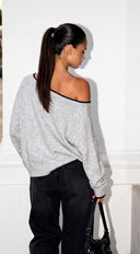 Avie Contrast Trim Oversized Off Shoulder Sweater - Gray