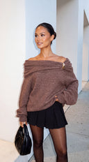 Orlina Draped Off Shoulder Oversized Sweater - Brown