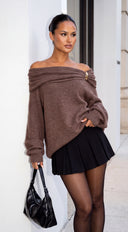 Orlina Draped Off Shoulder Oversized Sweater - Brown