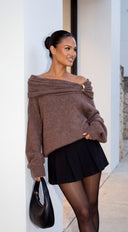 Orlina Draped Off Shoulder Oversized Sweater - Brown