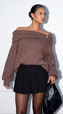 Orlina Draped Off Shoulder Oversized Sweater - Brown