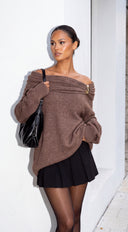 Orlina Draped Off Shoulder Oversized Sweater - Brown