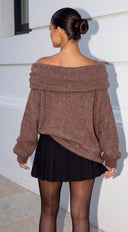 Orlina Draped Off Shoulder Oversized Sweater - Brown
