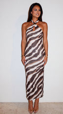 Zayelle Zebra Mesh Halter Maxi Dress - Ivory Multi