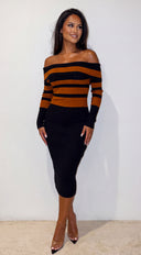 Robyn Stripe Ribbed Off Shoulder Midi Dress - Black