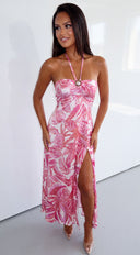 Calira Tropical Print Halter Satin Maxi Dress - Pink