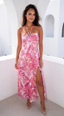 Calira Tropical Print Halter Satin Maxi Dress - Pink