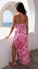 Calira Tropical Print Halter Satin Maxi Dress - Pink