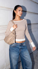 Ariane Stripe Boat Neck Sweater Top - Beige Multi