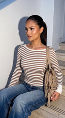 Ariane Stripe Boat Neck Sweater Top - Beige Multi