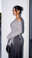 Olivéa Off Shoulder Ribbed Knit Sweater Top - Gray