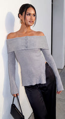 Olivéa Off Shoulder Ribbed Knit Sweater Top - Gray