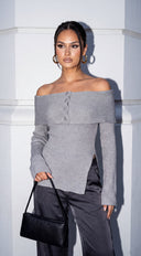 Olivéa Off Shoulder Ribbed Knit Sweater Top - Gray