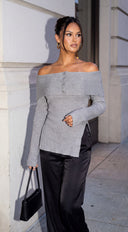 Olivéa Off Shoulder Ribbed Knit Sweater Top - Gray