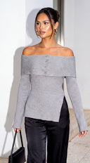 Olivéa Off Shoulder Ribbed Knit Sweater Top - Gray