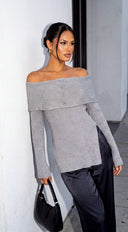 Olivéa Off Shoulder Ribbed Knit Sweater Top - Gray