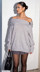 Orlina Draped Off Shoulder Oversized Sweater - Gray