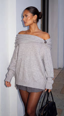 Orlina Draped Off Shoulder Oversized Sweater - Gray