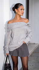 Orlina Draped Off Shoulder Oversized Sweater - Gray