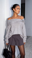 Orlina Draped Off Shoulder Oversized Sweater - Gray