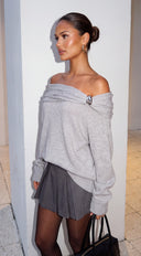 Orlina Draped Off Shoulder Oversized Sweater - Gray
