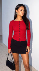 Avira Ribbed Boat Neck Cardigan - Red