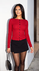 Avira Ribbed Boat Neck Cardigan - Red