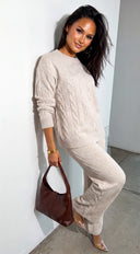 Ovela Oversized Knit Sweater & Wide Leg Pant Set - Light Beige