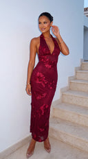 Fiorella Halter Embellished Maxi Dress - Burgundy