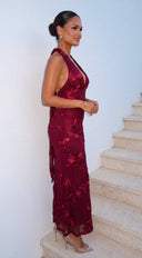 Fiorella Halter Embellished Maxi Dress - Burgundy
