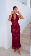 Fiorella Halter Embellished Maxi Dress - Burgundy