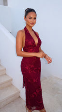Fiorella Halter Embellished Maxi Dress - Burgundy