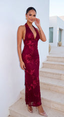 Fiorella Halter Embellished Maxi Dress - Burgundy