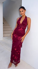 Fiorella Halter Embellished Maxi Dress - Burgundy