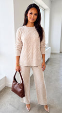 Ovela Oversized Knit Sweater & Wide Leg Pant Set - Light Beige