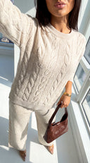 Ovela Oversized Knit Sweater & Wide Leg Pant Set - Light Beige